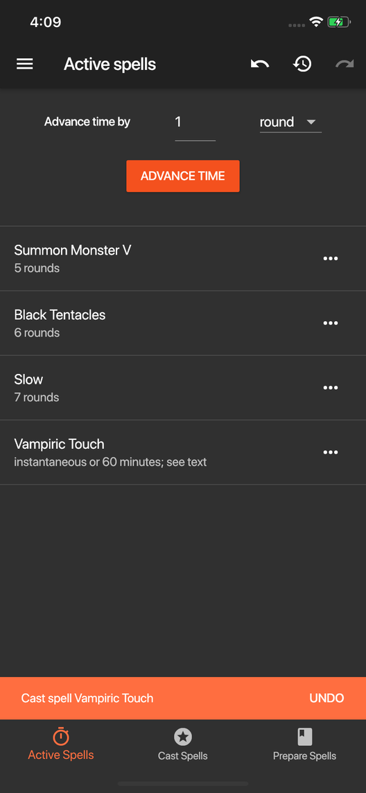 Spell Tracker for Pathfinder 1e screenshot showing a list of active spells